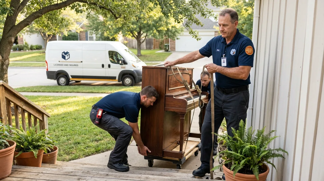 Licensed piano movers securing grand piano in Decatur, MI