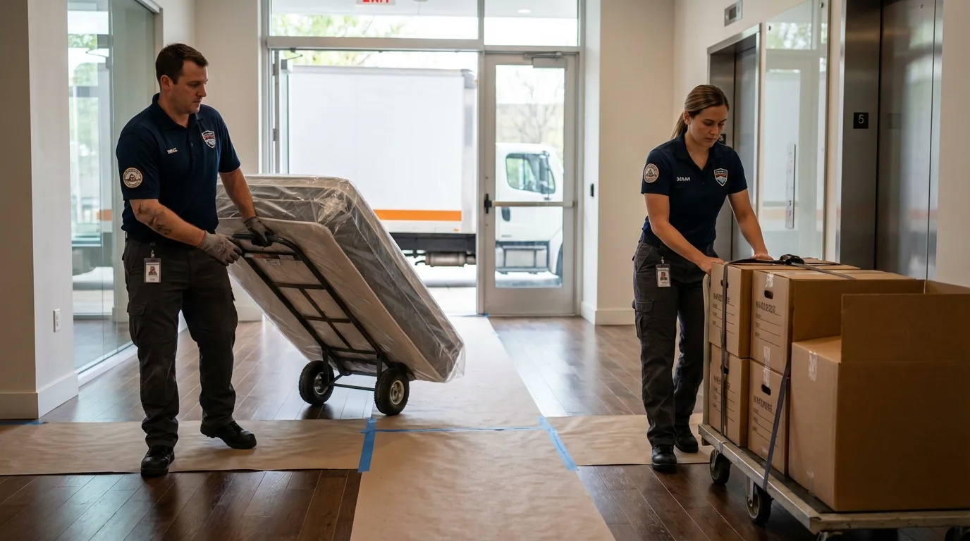 Professional apartment movers loading elevator in Decatur, MI