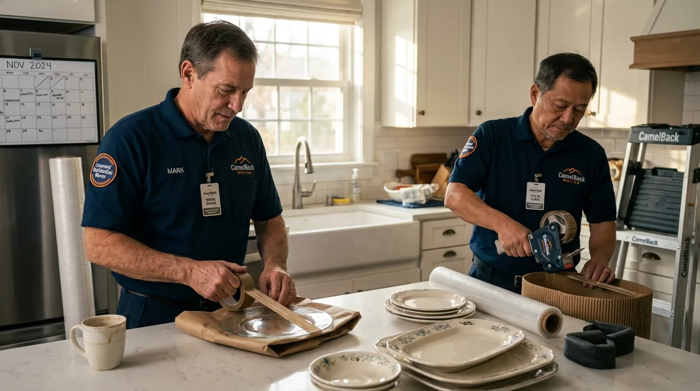 Professional crew packing kitchen dishware in Decatur, MI